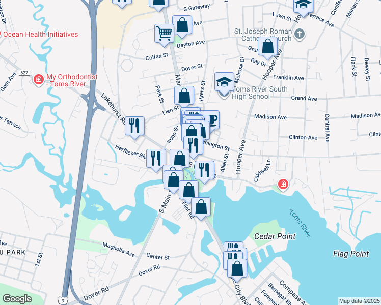 map of restaurants, bars, coffee shops, grocery stores, and more near 22 Robbins Street in Toms River