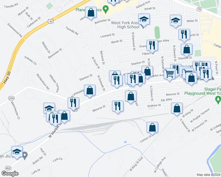 map of restaurants, bars, coffee shops, grocery stores, and more near 2103 West Market Street in York
