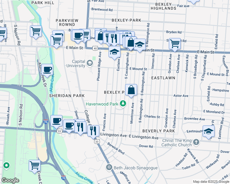 map of restaurants, bars, coffee shops, grocery stores, and more near 818 Euclaire Avenue in Columbus