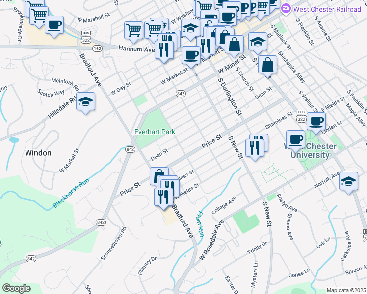 map of restaurants, bars, coffee shops, grocery stores, and more near 446 Cherry Alley in West Chester