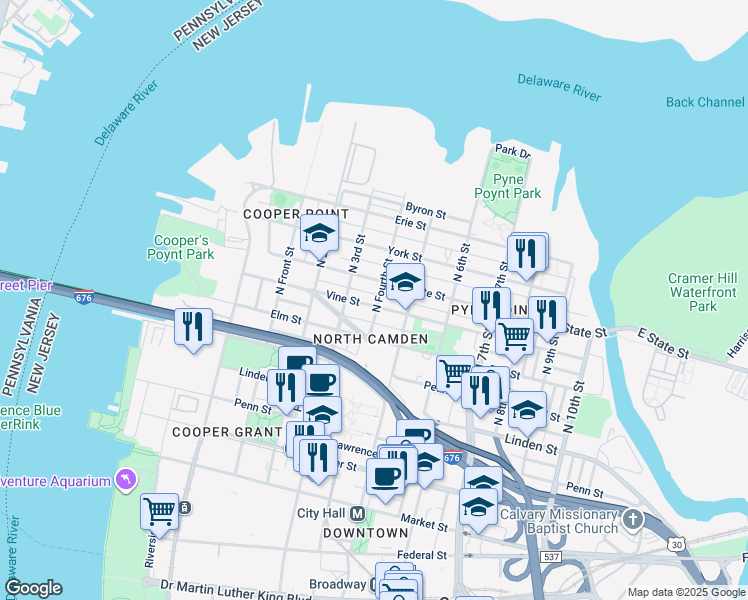 map of restaurants, bars, coffee shops, grocery stores, and more near 333 Vine Street in Camden