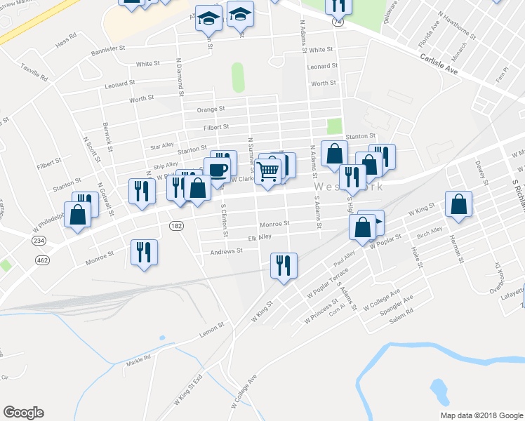 map of restaurants, bars, coffee shops, grocery stores, and more near 35 South Sumner Street in York