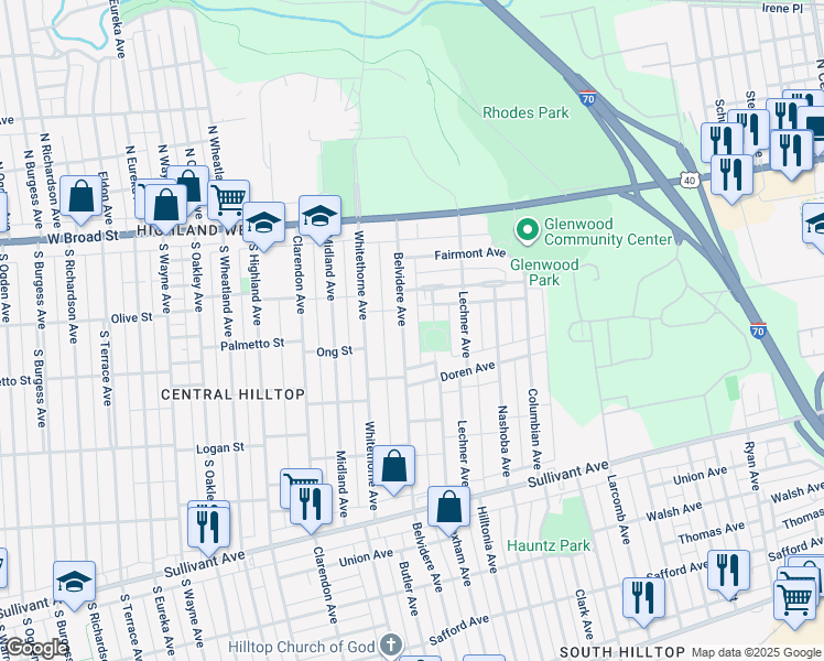 map of restaurants, bars, coffee shops, grocery stores, and more near 160 Belvidere Avenue in Columbus
