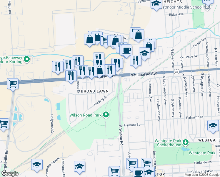 map of restaurants, bars, coffee shops, grocery stores, and more near 64 Broadlawn Avenue in Columbus