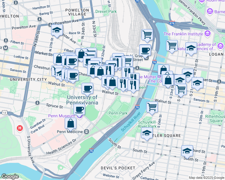 map of restaurants, bars, coffee shops, grocery stores, and more near 3111 Walnut Street in Philadelphia