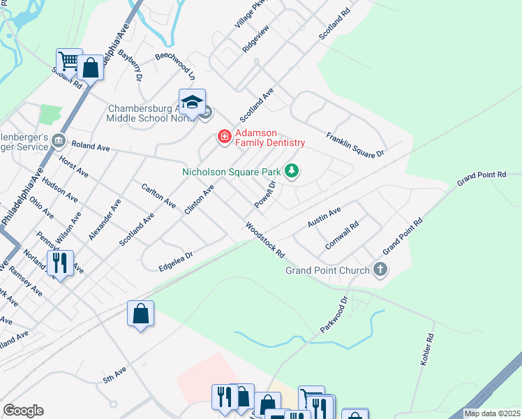 map of restaurants, bars, coffee shops, grocery stores, and more near 1914 Powell Drive in Chambersburg