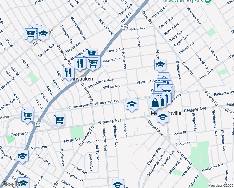 map of restaurants, bars, coffee shops, grocery stores, and more near 3337 Merchantville Avenue in Pennsauken Township