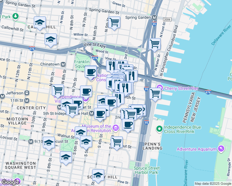 map of restaurants, bars, coffee shops, grocery stores, and more near 309 Arch Street in Philadelphia