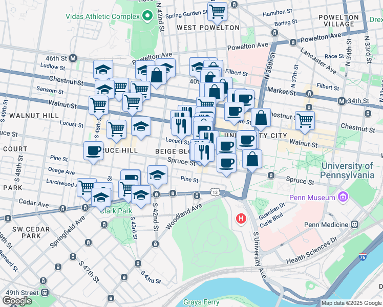 map of restaurants, bars, coffee shops, grocery stores, and more near 4000 Irving Street in Philadelphia