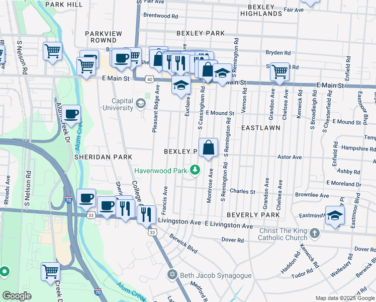 map of restaurants, bars, coffee shops, grocery stores, and more near 818 Euclaire Avenue in Columbus