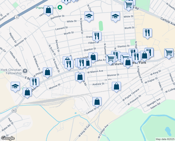 map of restaurants, bars, coffee shops, grocery stores, and more near 1880 West Market Street in York