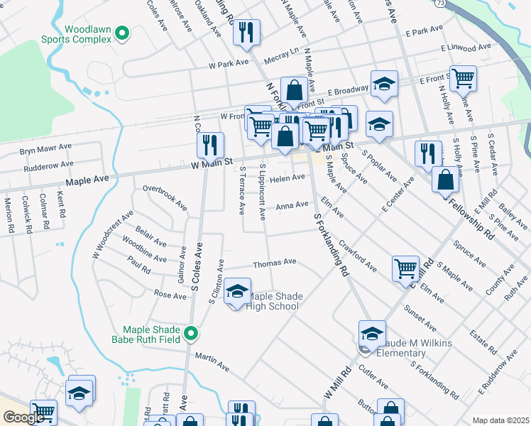 map of restaurants, bars, coffee shops, grocery stores, and more near 66 Anna Avenue in Maple Shade