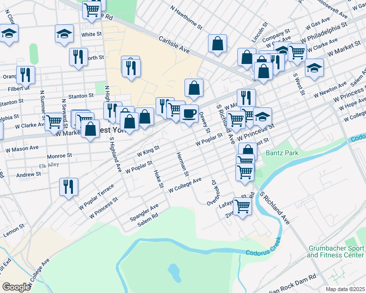 map of restaurants, bars, coffee shops, grocery stores, and more near 117 Herman Street in West York