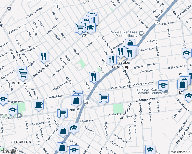 map of restaurants, bars, coffee shops, grocery stores, and more near 2525 46th Street in Pennsauken Township