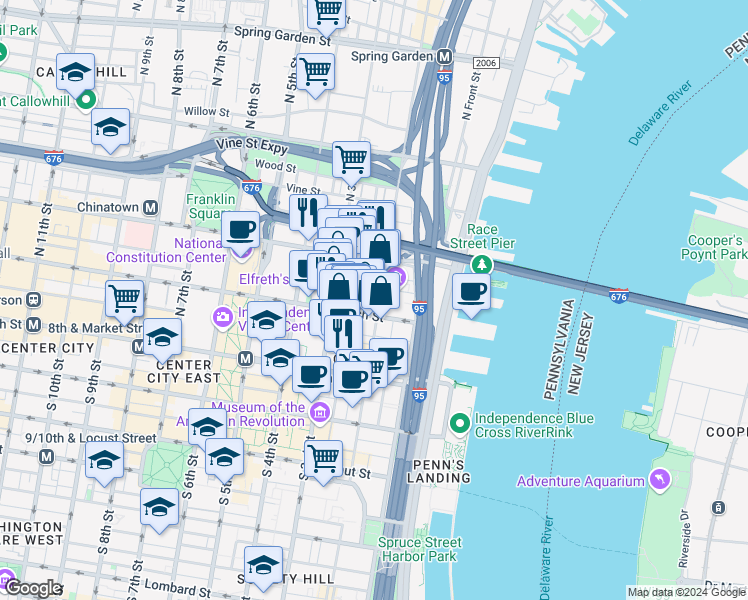map of restaurants, bars, coffee shops, grocery stores, and more near 112 North 2nd Street in Philadelphia