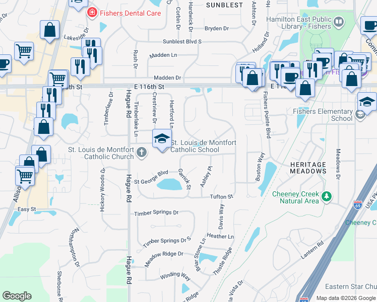 map of restaurants, bars, coffee shops, grocery stores, and more near 7720 Garrick Street in Fishers