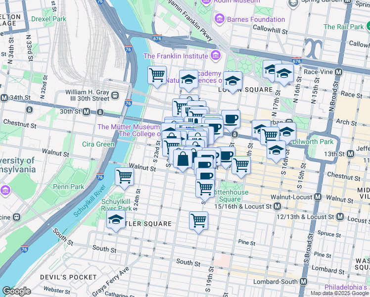 map of restaurants, bars, coffee shops, grocery stores, and more near 2101 Chestnut Street in Philadelphia