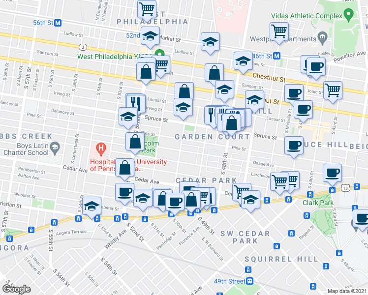 map of restaurants, bars, coffee shops, grocery stores, and more near 417 South 50th Street in Philadelphia