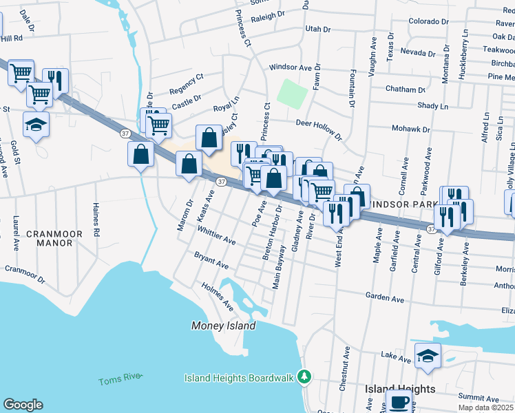 map of restaurants, bars, coffee shops, grocery stores, and more near 309 Poe Ave in Toms River