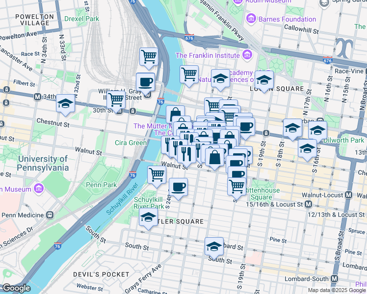 map of restaurants, bars, coffee shops, grocery stores, and more near 2300 Chestnut Street in Philadelphia