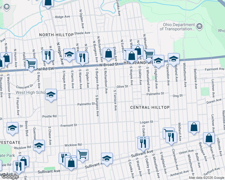 map of restaurants, bars, coffee shops, grocery stores, and more near 129 South Terrace Avenue in Columbus