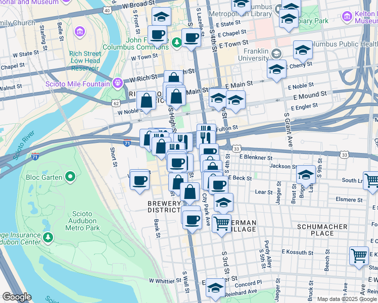 map of restaurants, bars, coffee shops, grocery stores, and more near 31 East Livingston Avenue in Columbus