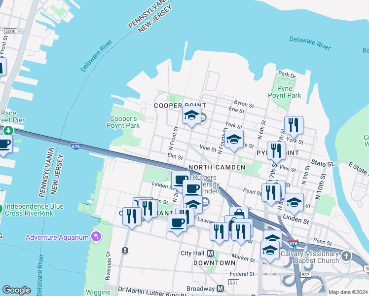 map of restaurants, bars, coffee shops, grocery stores, and more near 214 Vine Street in Camden