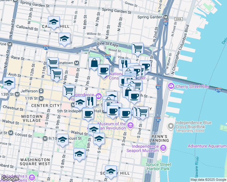map of restaurants, bars, coffee shops, grocery stores, and more near 50 North Independence Mall East in Philadelphia