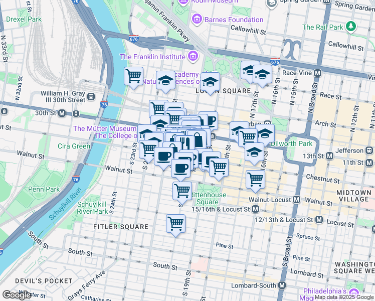 map of restaurants, bars, coffee shops, grocery stores, and more near 2011 Chestnut Street in Philadelphia