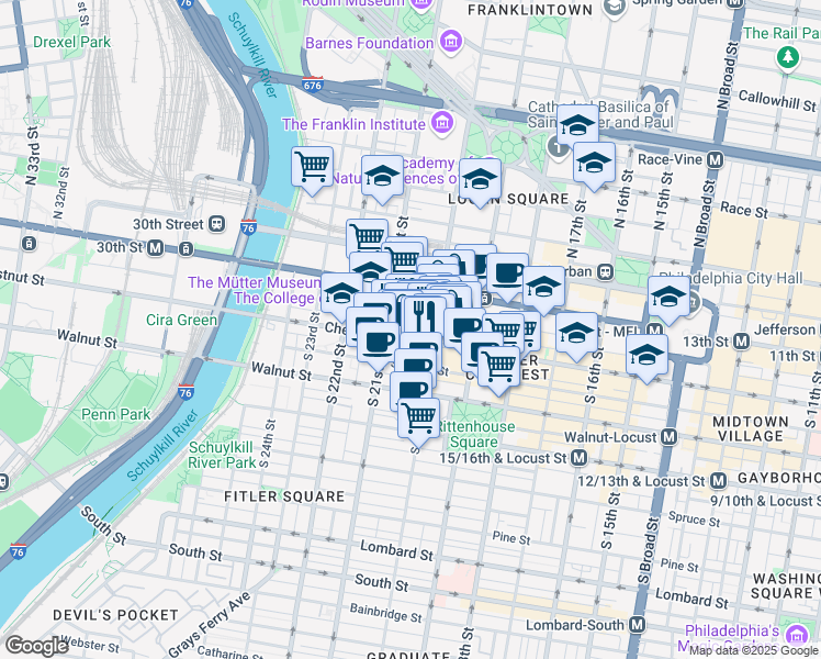 map of restaurants, bars, coffee shops, grocery stores, and more near 2011 Chestnut Street in Philadelphia