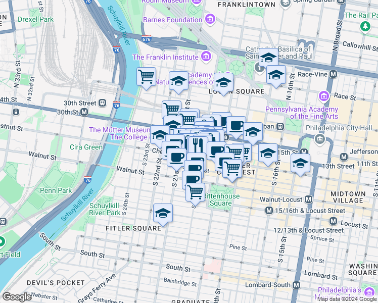 map of restaurants, bars, coffee shops, grocery stores, and more near 2011 Chestnut Street in Philadelphia