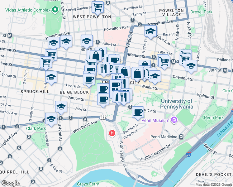 map of restaurants, bars, coffee shops, grocery stores, and more near 3803 Locust Walk in Philadelphia