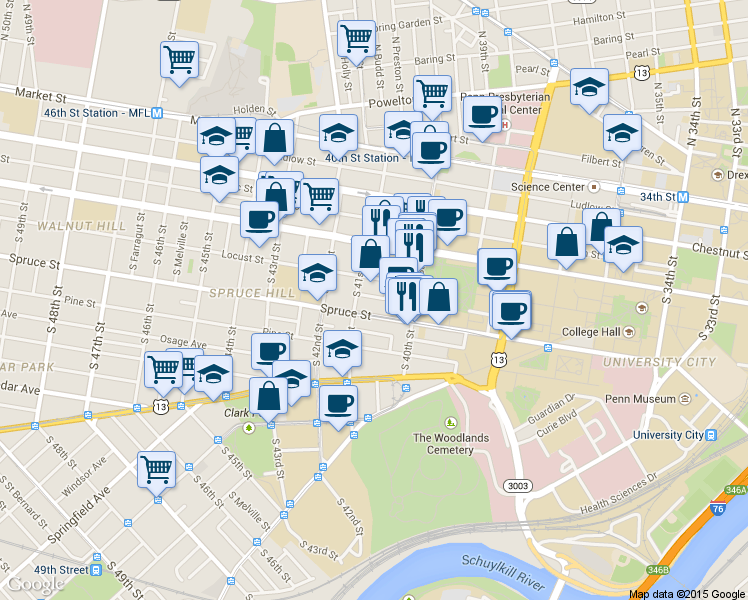 map of restaurants, bars, coffee shops, grocery stores, and more near 4030 Irving Street in Philadelphia