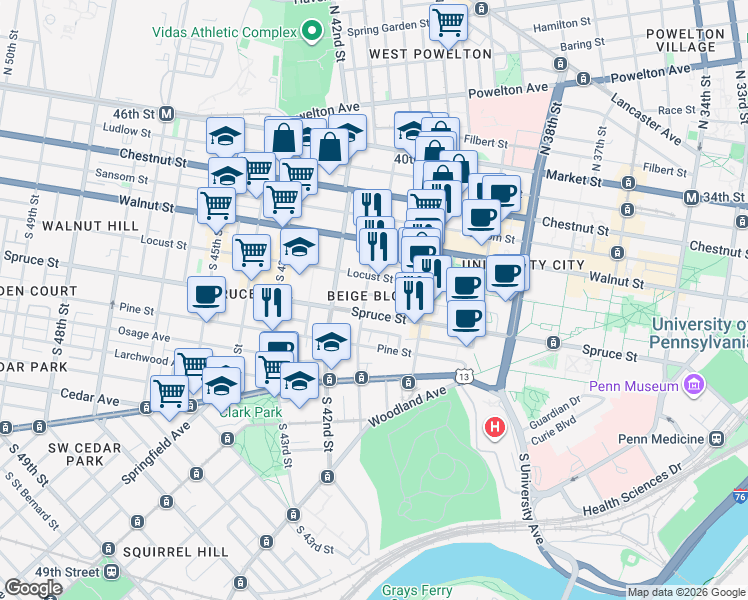 map of restaurants, bars, coffee shops, grocery stores, and more near in Philadelphia