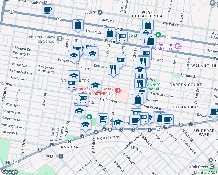 map of restaurants, bars, coffee shops, grocery stores, and more near 5416 Larchwood Avenue in Philadelphia