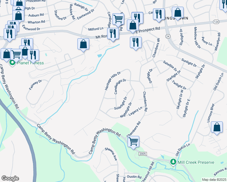 map of restaurants, bars, coffee shops, grocery stores, and more near 2836 Candlelight Drive in York