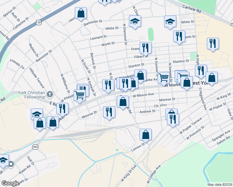 map of restaurants, bars, coffee shops, grocery stores, and more near 1948 West Market Street in York