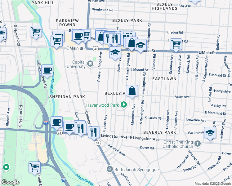 map of restaurants, bars, coffee shops, grocery stores, and more near 818 Euclaire Avenue in Columbus