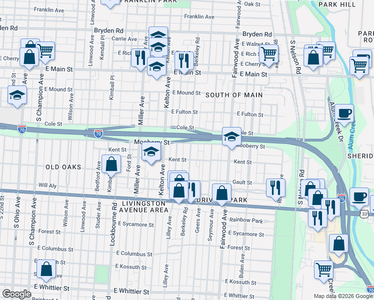 map of restaurants, bars, coffee shops, grocery stores, and more near 696 Lilley Avenue in Columbus