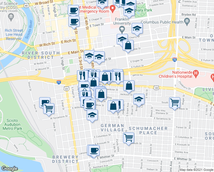 map of restaurants, bars, coffee shops, grocery stores, and more near 243 East Livingston Avenue in Columbus