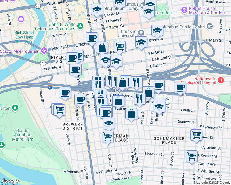map of restaurants, bars, coffee shops, grocery stores, and more near 185 East Livingston Avenue in Columbus