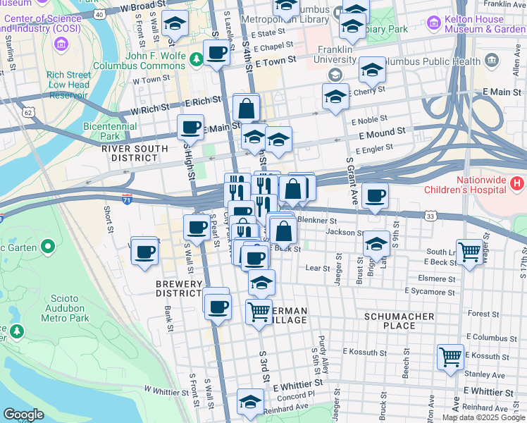 map of restaurants, bars, coffee shops, grocery stores, and more near 133 East Livingston Avenue in Columbus
