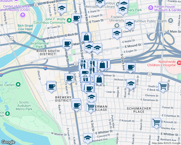 map of restaurants, bars, coffee shops, grocery stores, and more near 133 East Livingston Avenue in Columbus