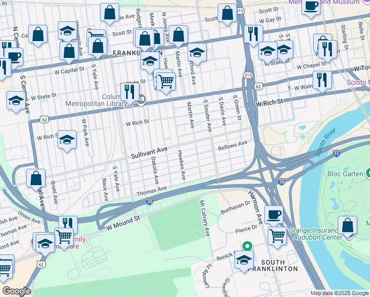 map of restaurants, bars, coffee shops, grocery stores, and more near 901 Sullivant Avenue in Columbus