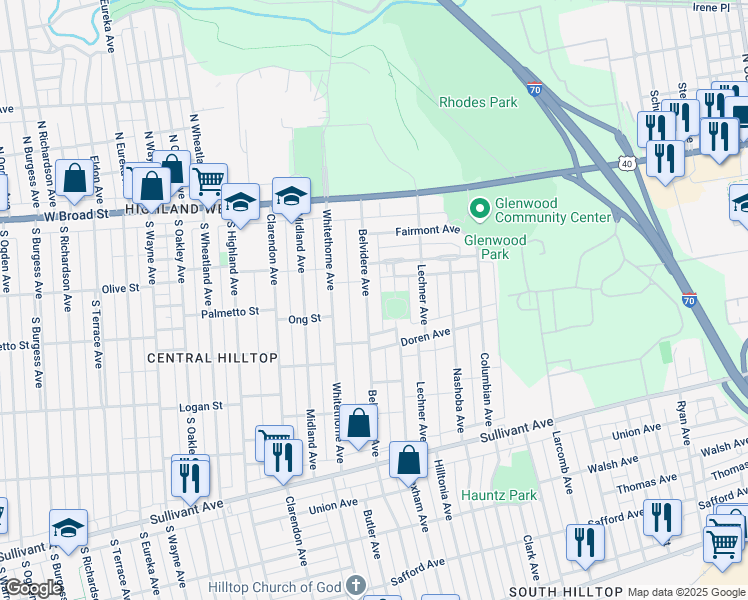 map of restaurants, bars, coffee shops, grocery stores, and more near 160 Belvidere Avenue in Columbus