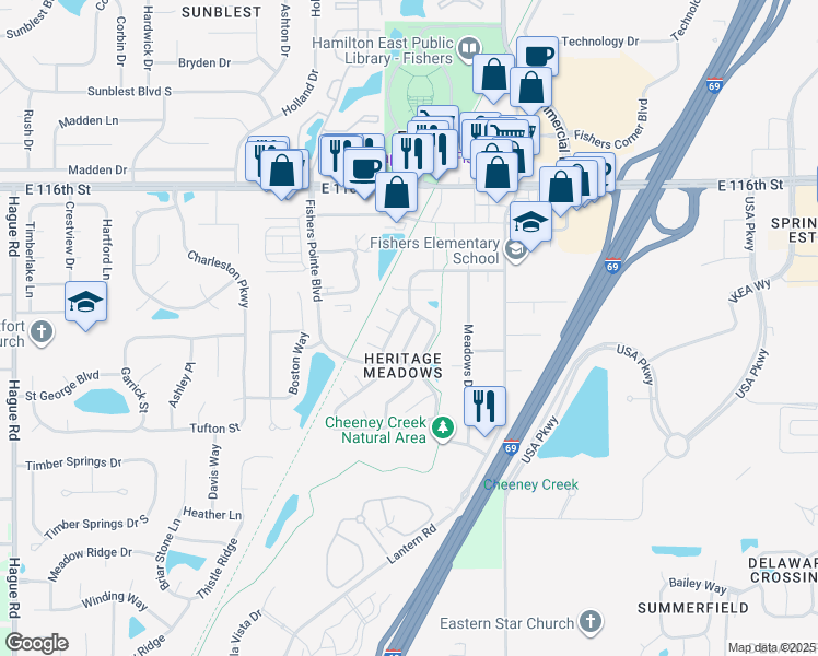 map of restaurants, bars, coffee shops, grocery stores, and more near 11246 Spring Blossom Lane in Fishers