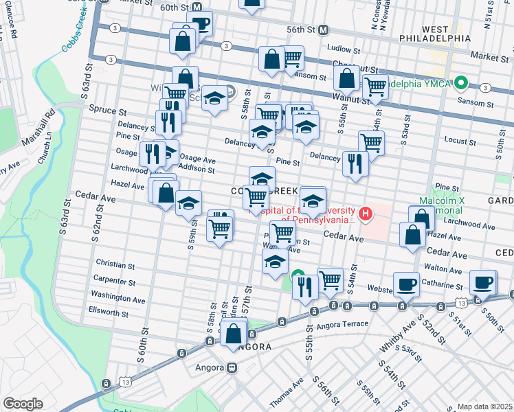map of restaurants, bars, coffee shops, grocery stores, and more near 524 South 57th Street in Philadelphia
