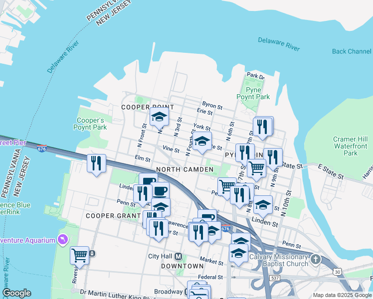 map of restaurants, bars, coffee shops, grocery stores, and more near 333 Vine Street in Camden