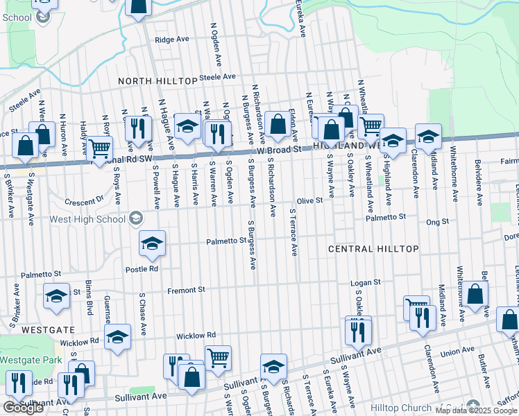 map of restaurants, bars, coffee shops, grocery stores, and more near 120 South Burgess Avenue in Columbus