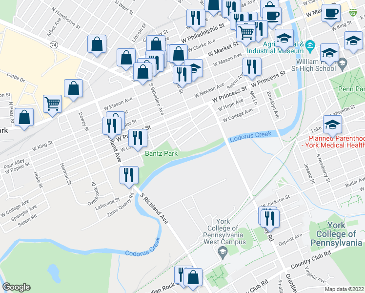 map of restaurants, bars, coffee shops, grocery stores, and more near 674 West College Avenue in York